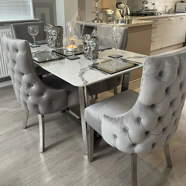 Lucien White 160cm Ceramic Marble Dining Table + Kensington Button Back Velvet Dining Chairs