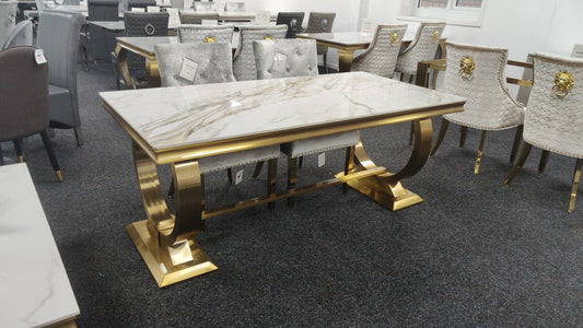 Arianna 180CM Gold Ceramic Marble Dining Table + Lion Knocker Dining Chairs