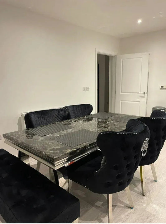 Arianna Black Marble Dining Table + Valentino Button Lion Knocker Black Velvet Chairs