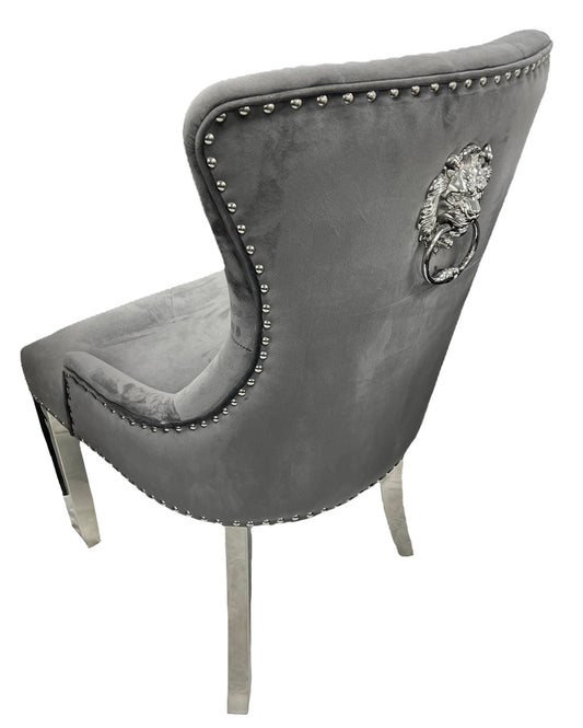 Chelsea Dark Grey Chair Lion Knocker Chrome Legs