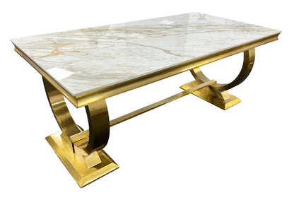 Arianna 180CM Gold Ceramic Marble Dining Table + Lion Knocker Dining Chairs