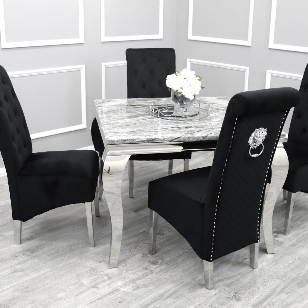 Louis Square Dining Table & 4 Black Chairs