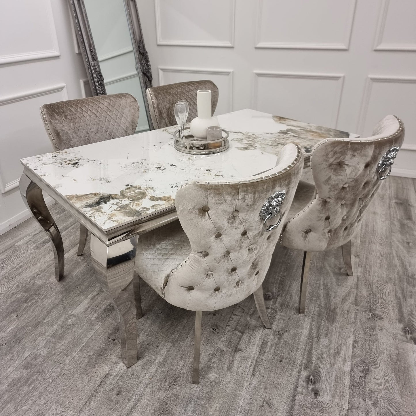 Louis Chrome 1.8m  Dining Table Pandora with Lion back chairs