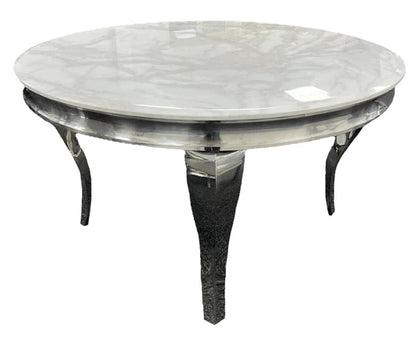 Louis White Marble 130cm Round Dining Table + Lucy Lion Knocker Plush Velvet Chairs