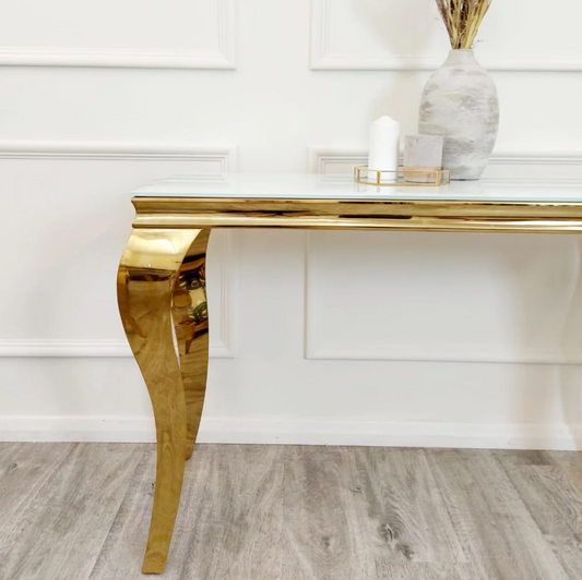 LOUIS GOLD CONSOLE TABLE WITH WHITE GLASS TOP 1.4M