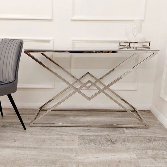 VESTA CHROME CONSOLE TABLE WITH ASH GREY SINTERED STONE TOP