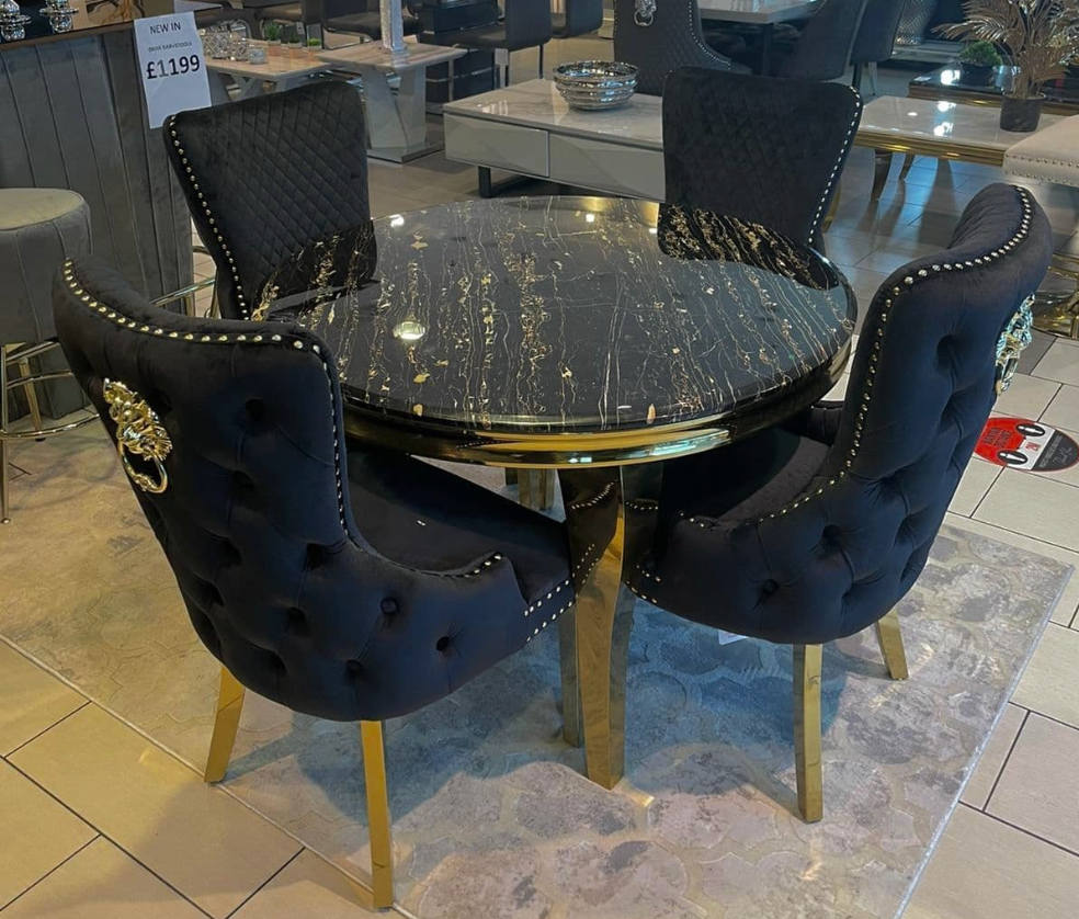 Round Marble Black Dining Table 110Cm With 4 X Victoria Dining Chairs