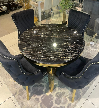 Round Marble Black Dining Table 110Cm With 4 X Victoria Dining Chairs
