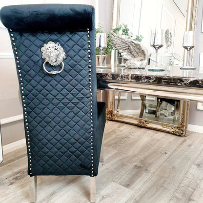 Arianna Marble & Chrome Dining Table With Lucy Slim Quilted Lion Knocker Velvet Chair