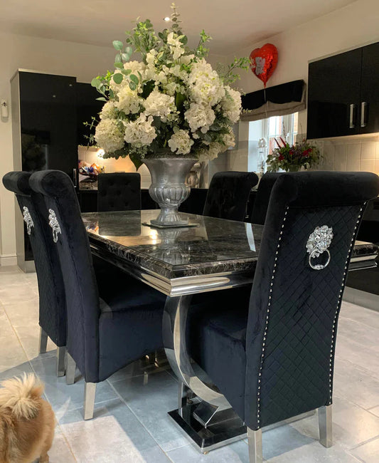 Arianna Marble & Chrome Dining Table With Lucy Slim Quilted Lion Knocker Velvet Chair