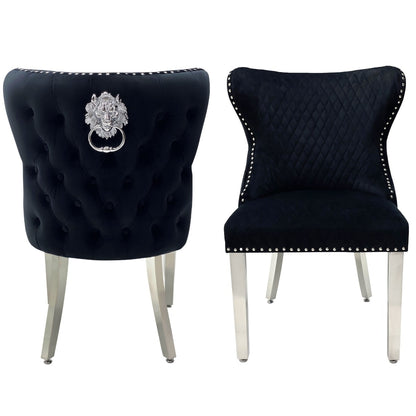 Pair Of - Valentino - Lion head Knocker - Buttoned Back - Black Velvet - Dining Chairs With Chrome Legs