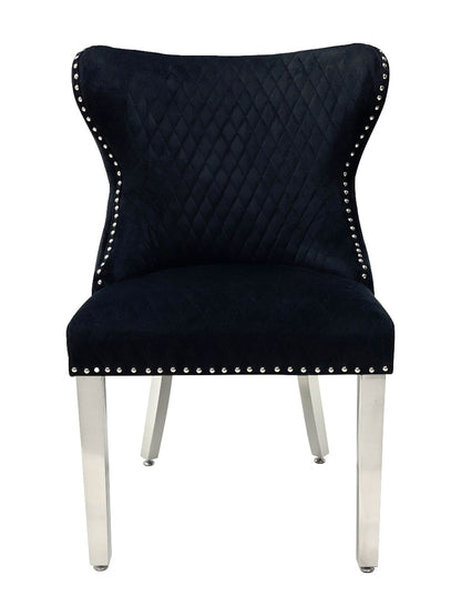 Pair Of - Valentino - Lion head Knocker - Buttoned Back - Black Velvet - Dining Chairs With Chrome Legs