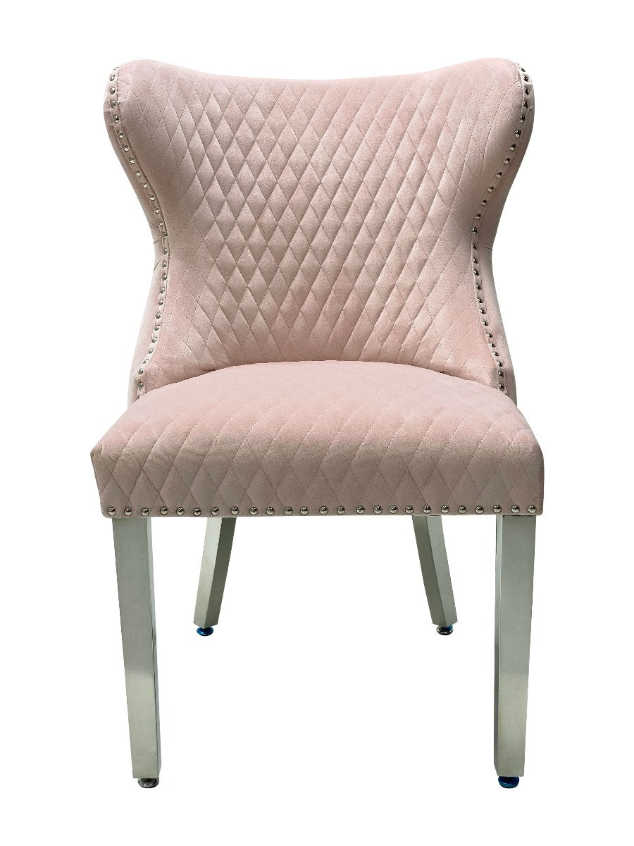 Pair Of - Valentino - Lion head Knocker - Buttoned Back - Pink Velvet - Dining Chairs With Chrome Legs