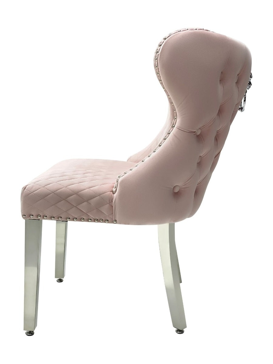 Pair Of - Valentino - Lion head Knocker - Buttoned Back - Pink Velvet - Dining Chairs With Chrome Legs