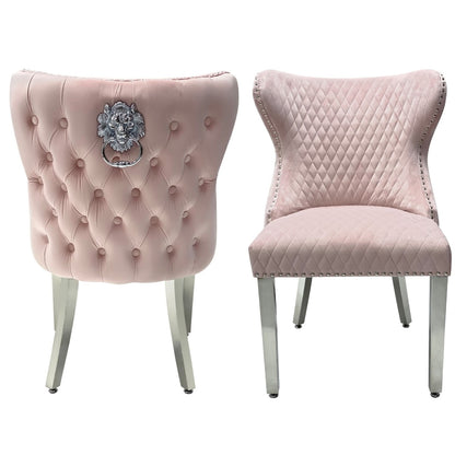 Pair Of - Valentino - Lion head Knocker - Buttoned Back - Pink Velvet - Dining Chairs With Chrome Legs